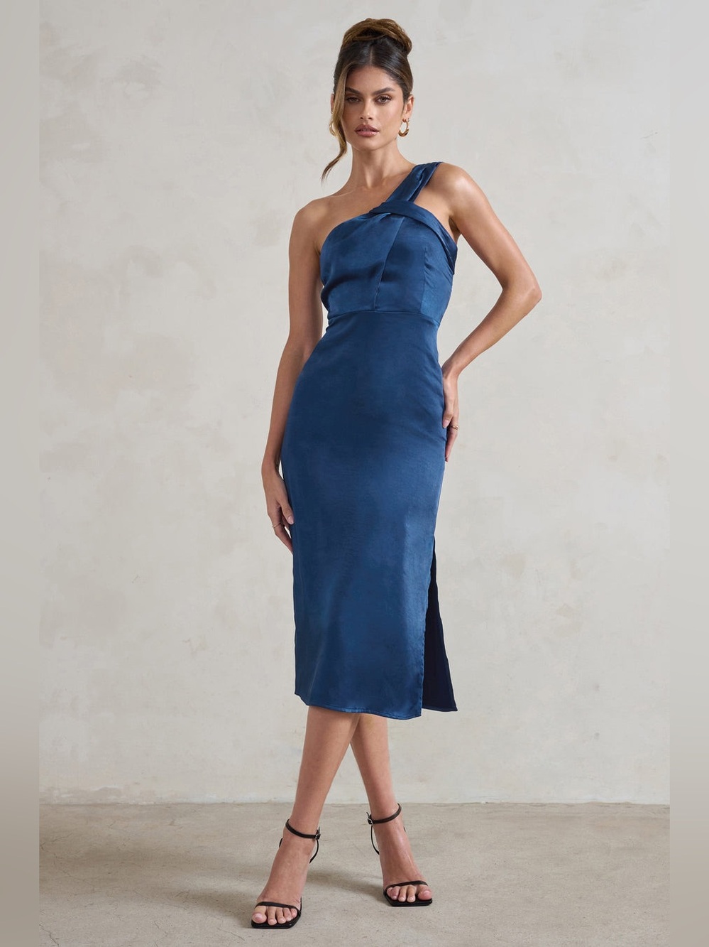 Club L London NWT Steffie Navy Asymmetrical Satin Midi Dress One Shoulder Formal